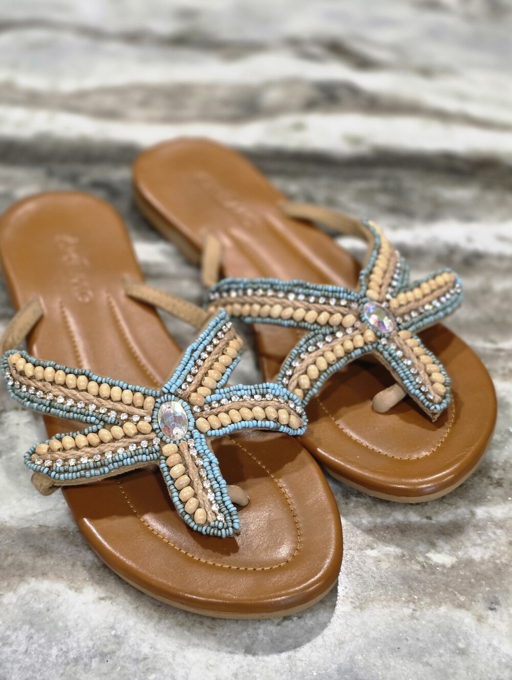 Skemo Beaded Starfish Leather Sandals Size 8 Boho Resort